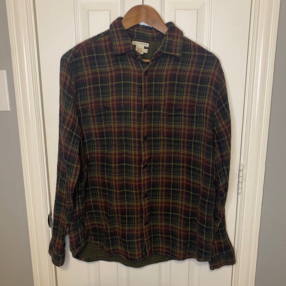 Carbon2Cobalt Mens Medium Plaid Button Down Shirt Green Red‎ Cotton Flannel